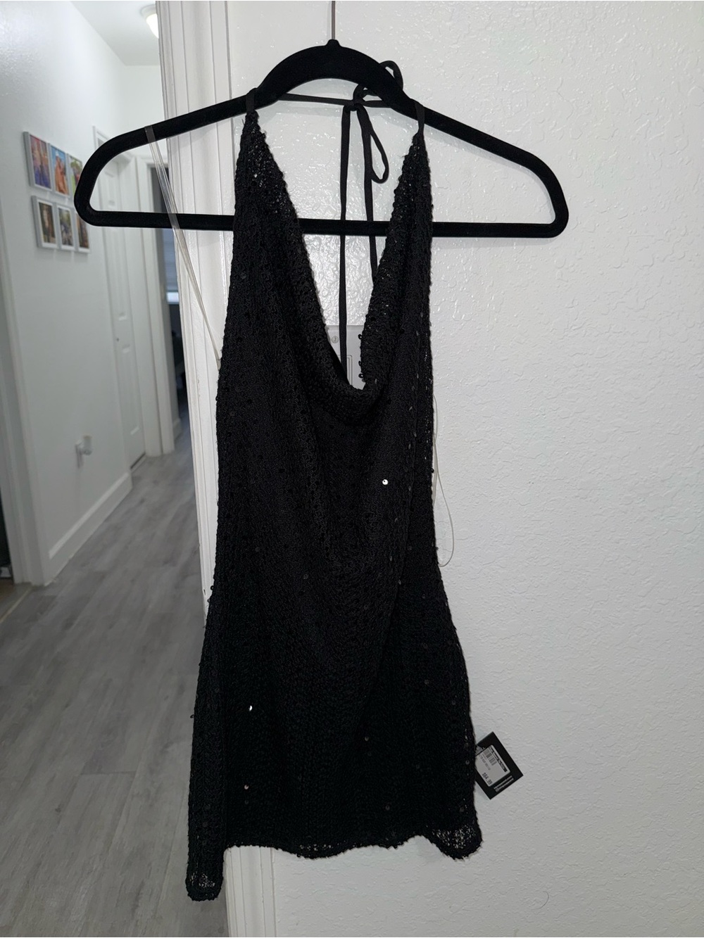 Black Halter Sequin Mini Dress with Cowl Neck